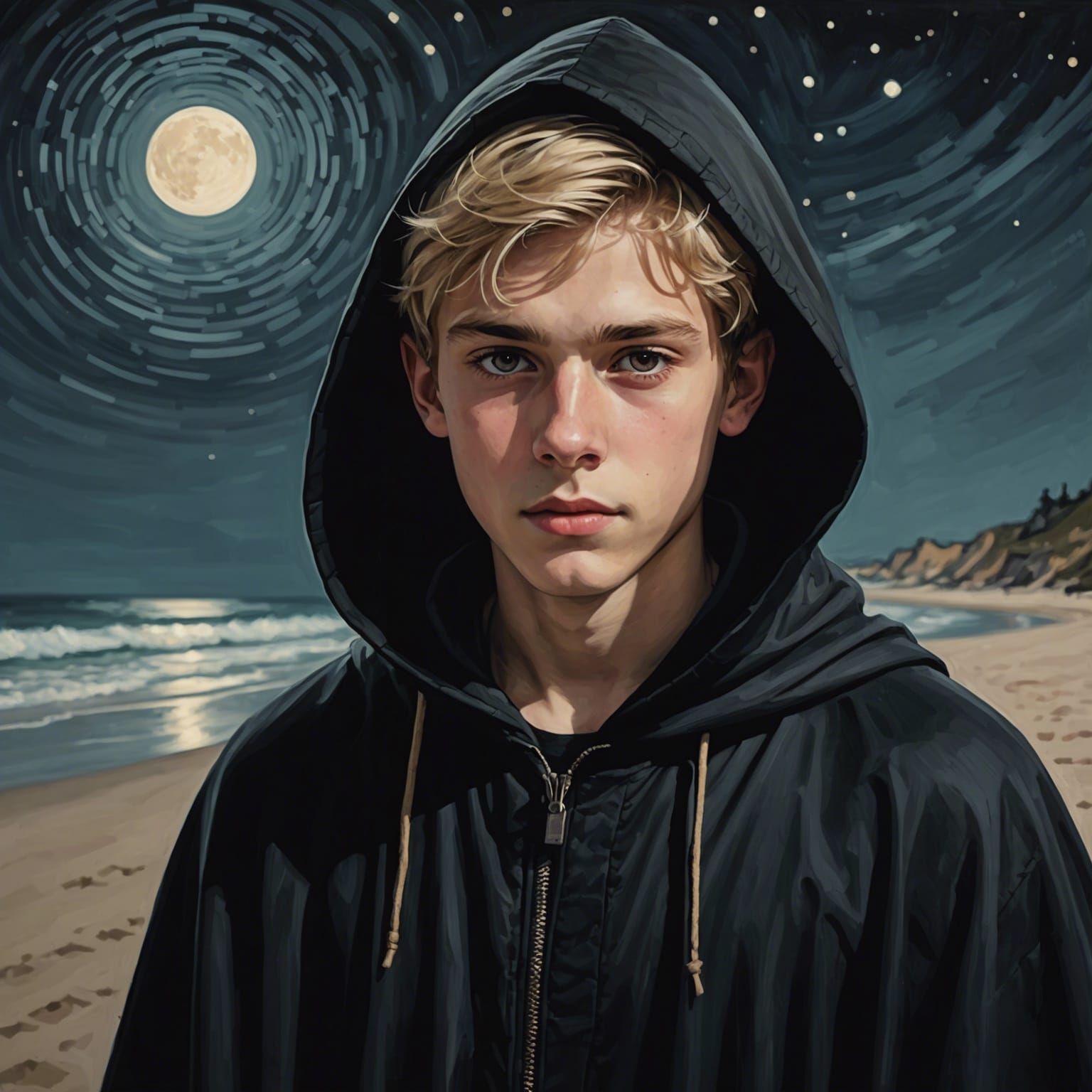 Boy with Cloak on Beach at Night: Abstract Art