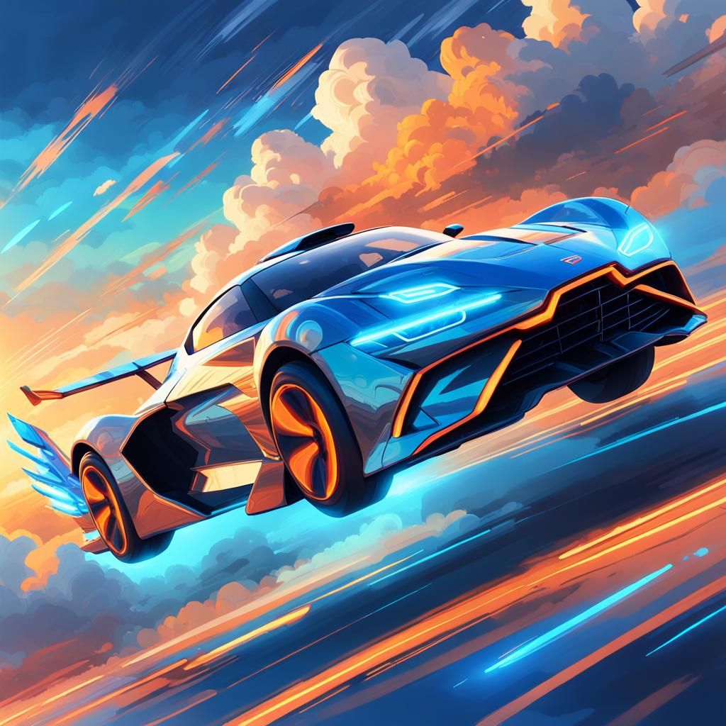 Neon Sci-Fi Sports Car Soaring Through Cloudy Sky