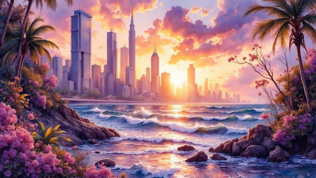 Surreal Cityscape at Sunset Reflects Ocean Breeze in Matte P...