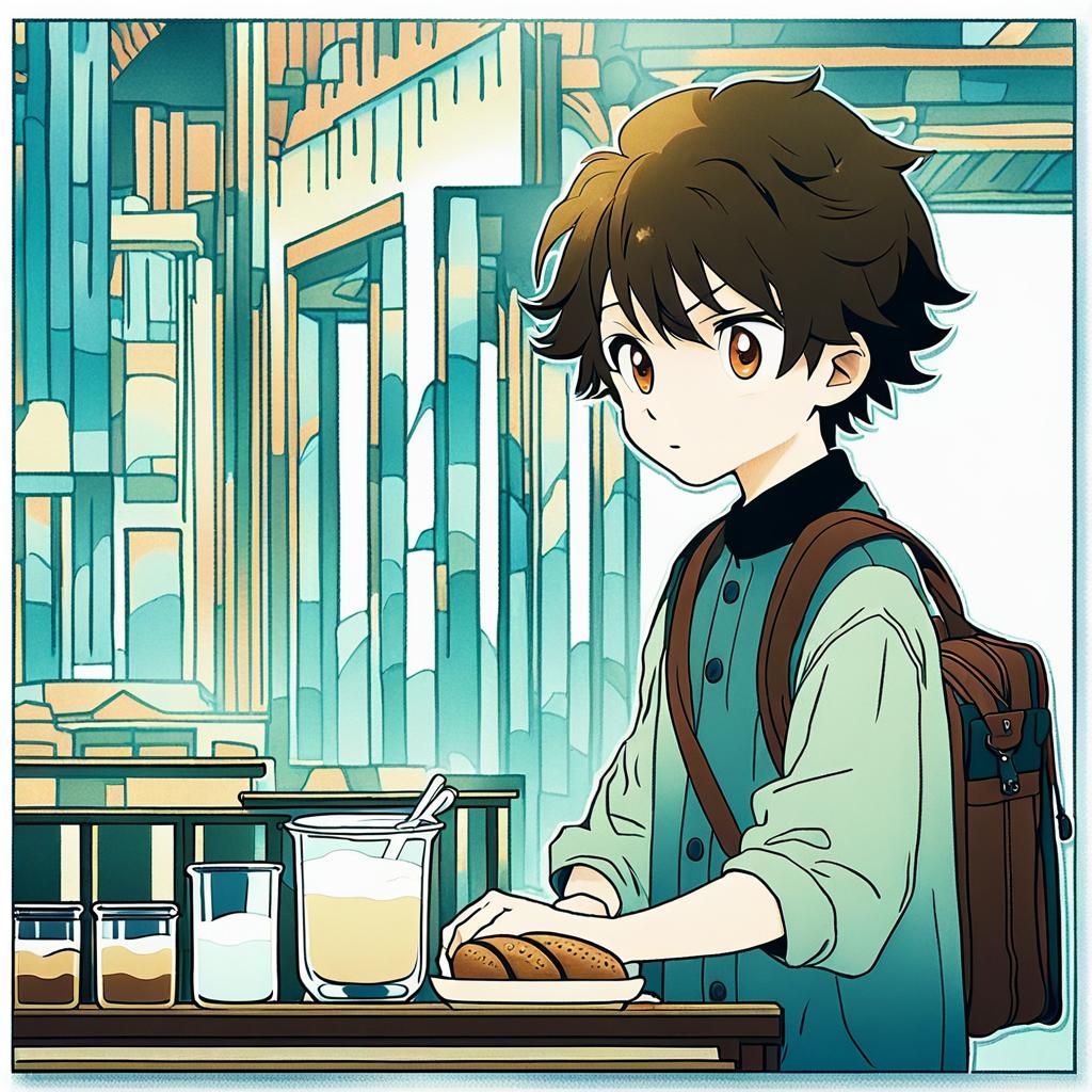 A six-year-old anime boy with a thin black border in bright ...