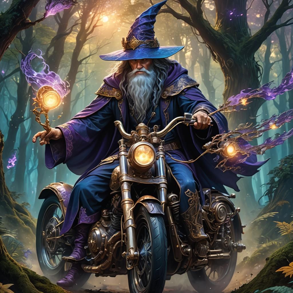 Wizard Rides Motorcycle Through Mystical Forest