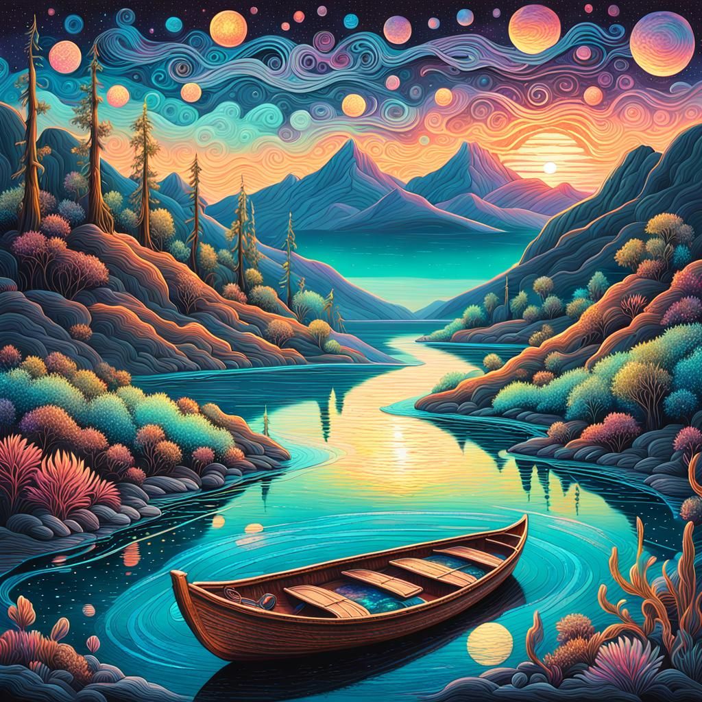 Bioluminescent River: Cosmic Mixed Media Illustration