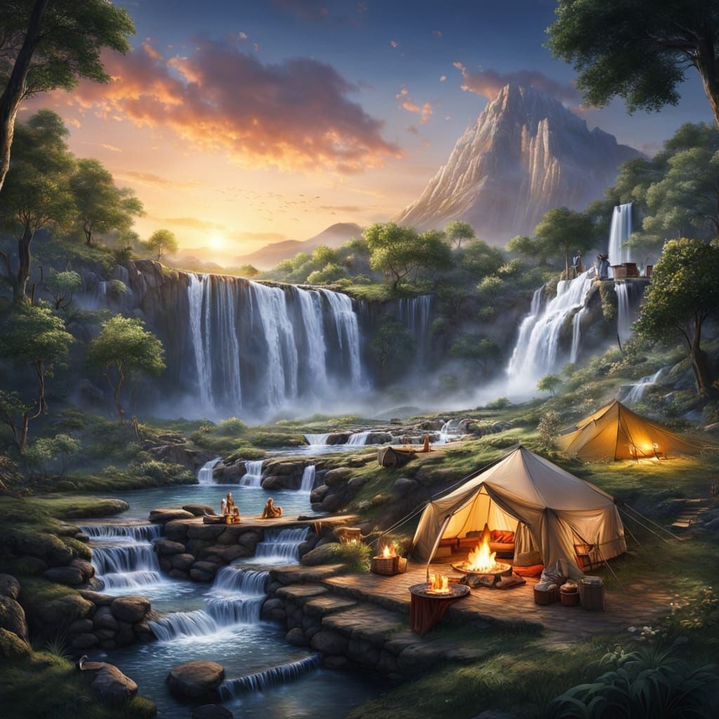 Romantic Camping Scene by a Beautiful Waterfall