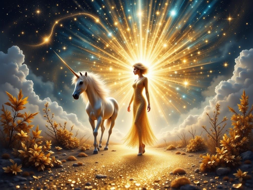 Ethereal Being with Unicorn in Cosmic Dreamscape
