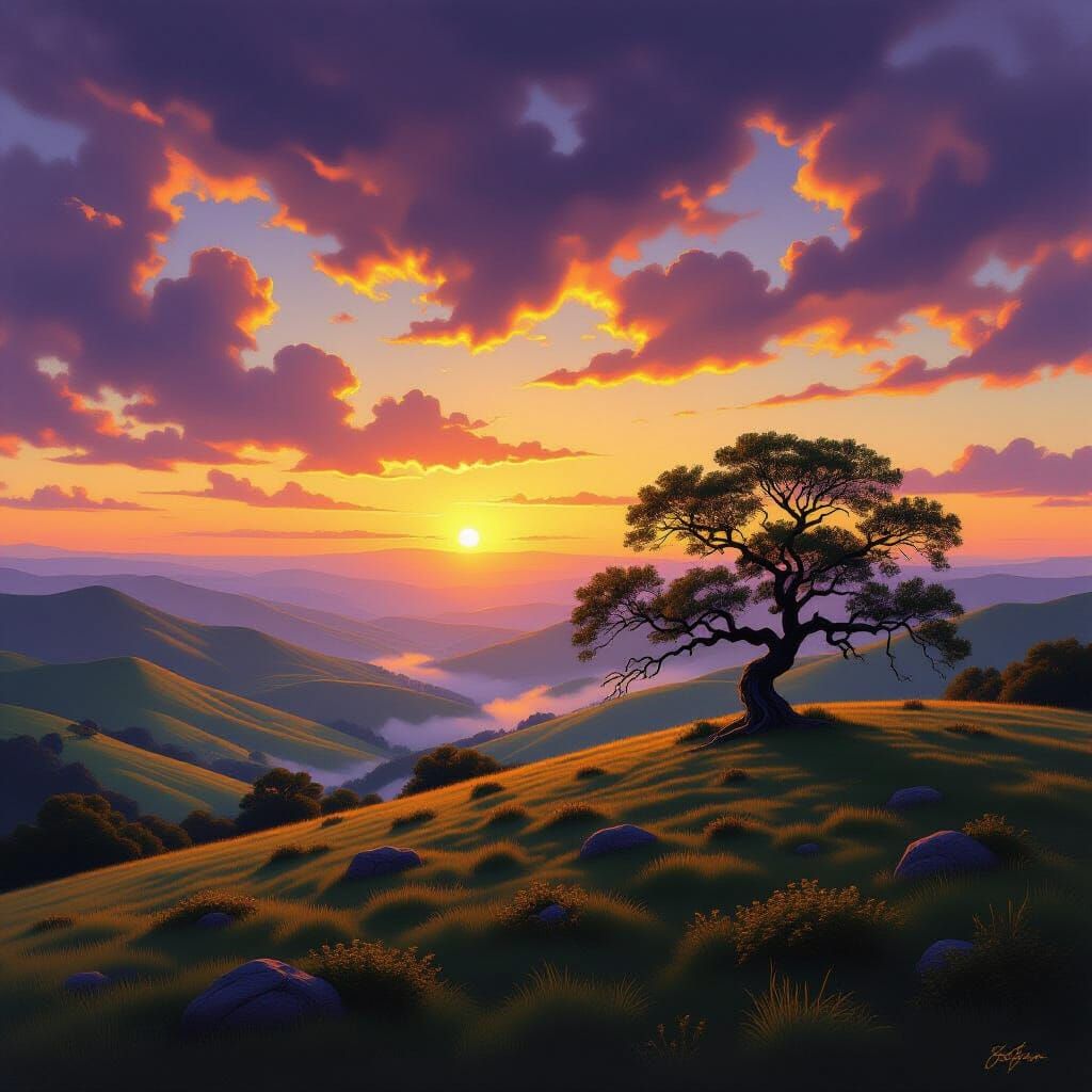 Romantic Landscape Vista with Gnarled Oak at Sunset