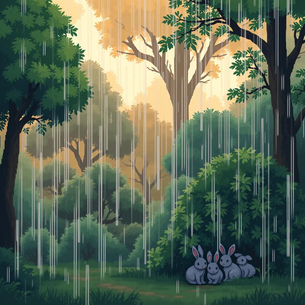 Pixel Art: Rainy Forest with Rabbits at Midday