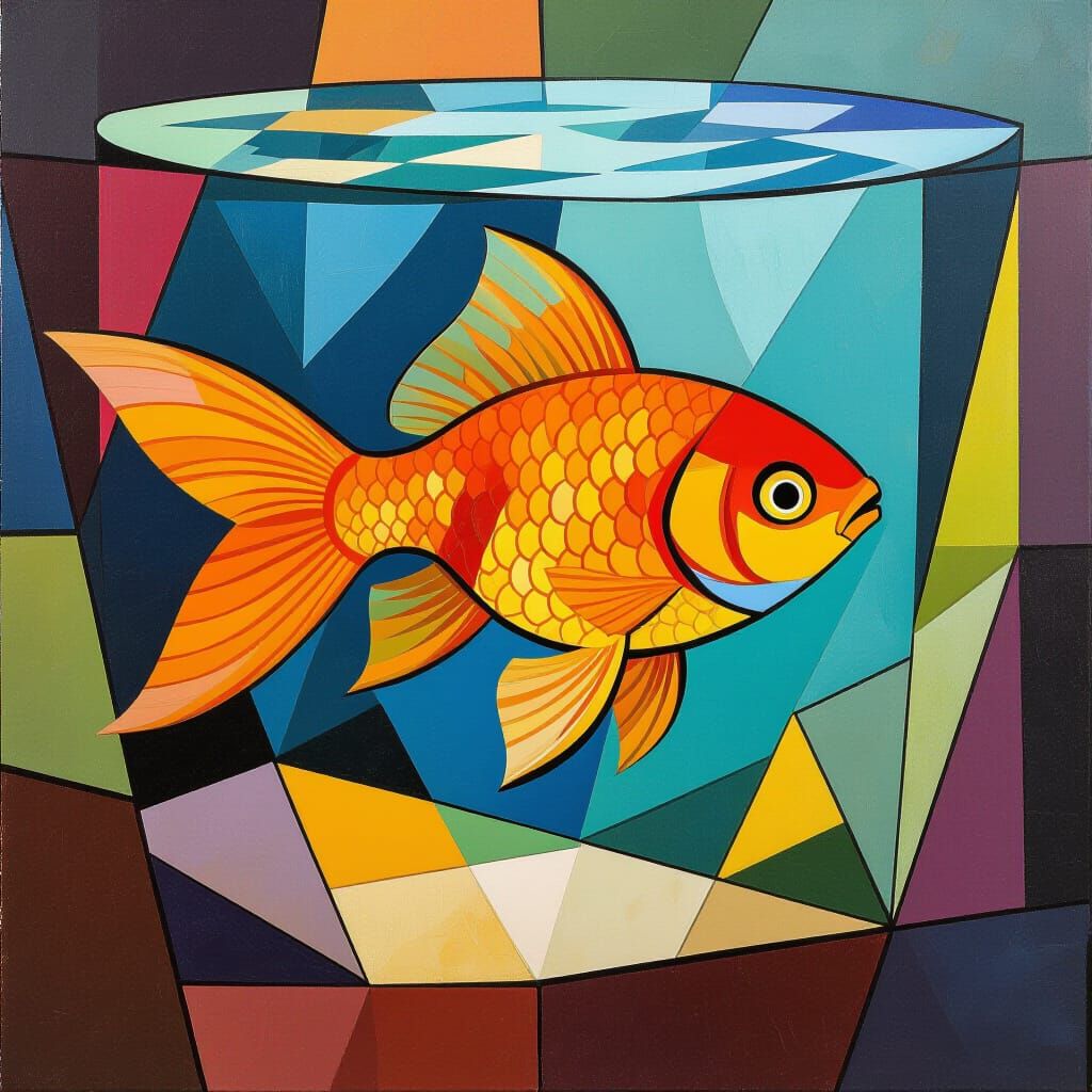 Orange Goldfish in Cubist Geometric Aquarium