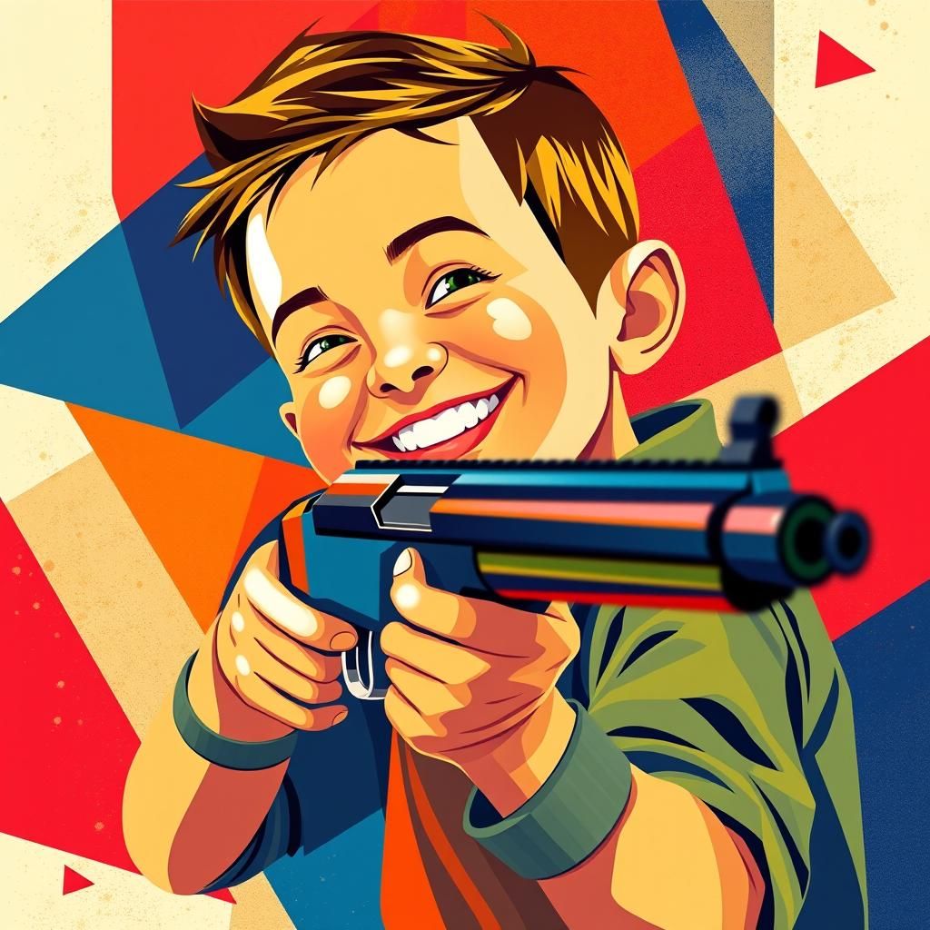 Boy Aims Rifle in Cubist Art Deco Style