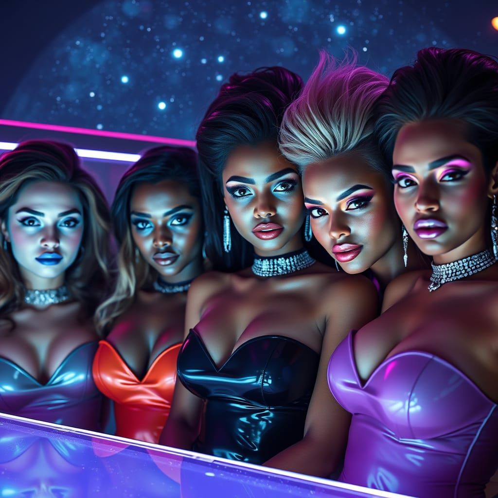 Futuristic Space Bar Scene with 5 Women in Glittering Latex ...