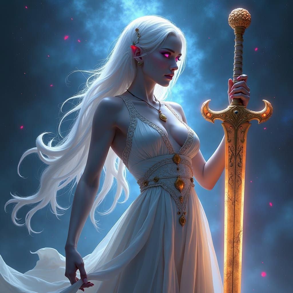 Drow Priestess with Glowing Sword in Fantasy Splash Art