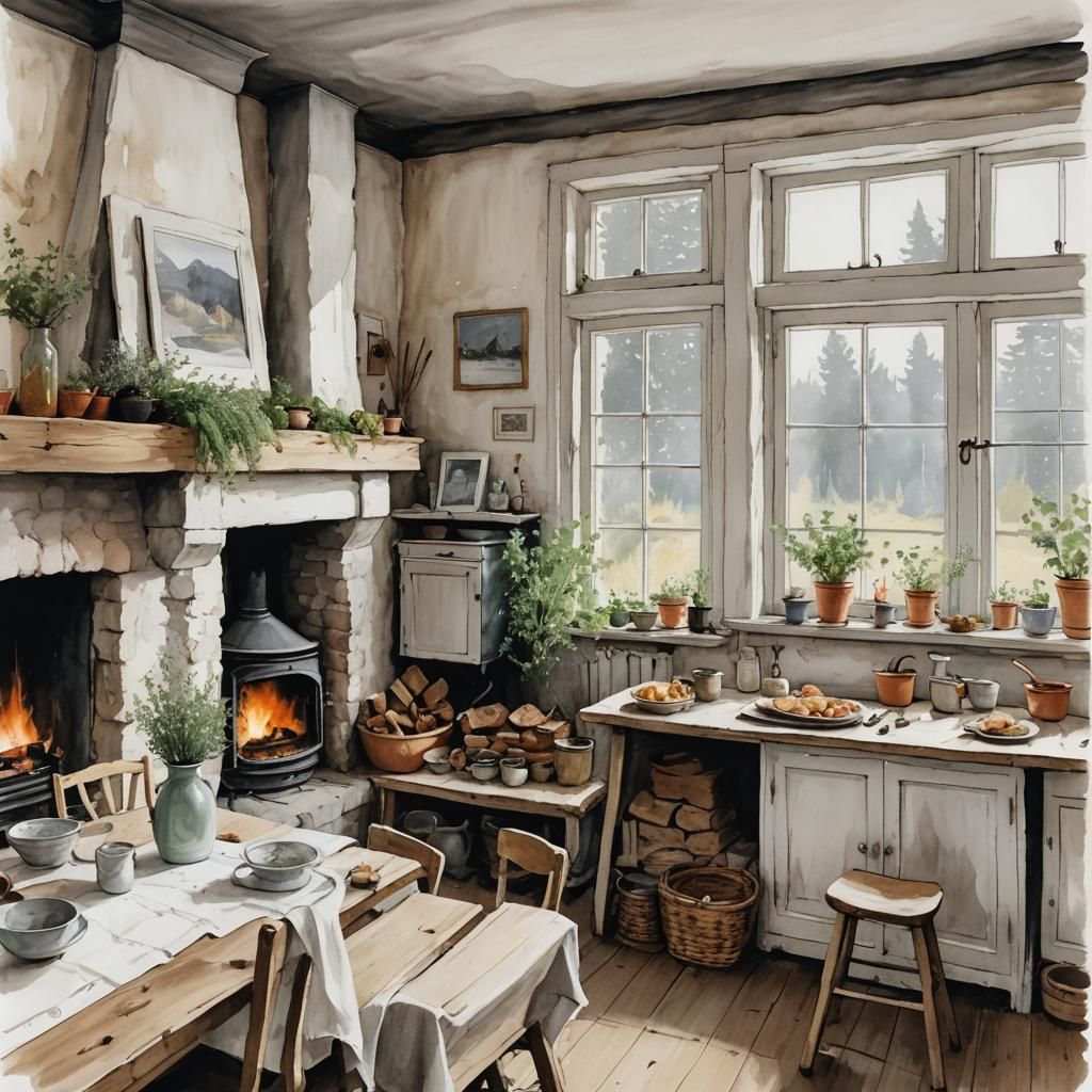 Cozy Finnish Village Dining Room Sketch