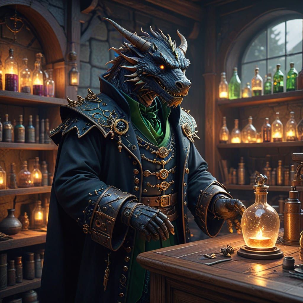Steampunk Wizard in Elegant Black Robes Brewing Potion in My...