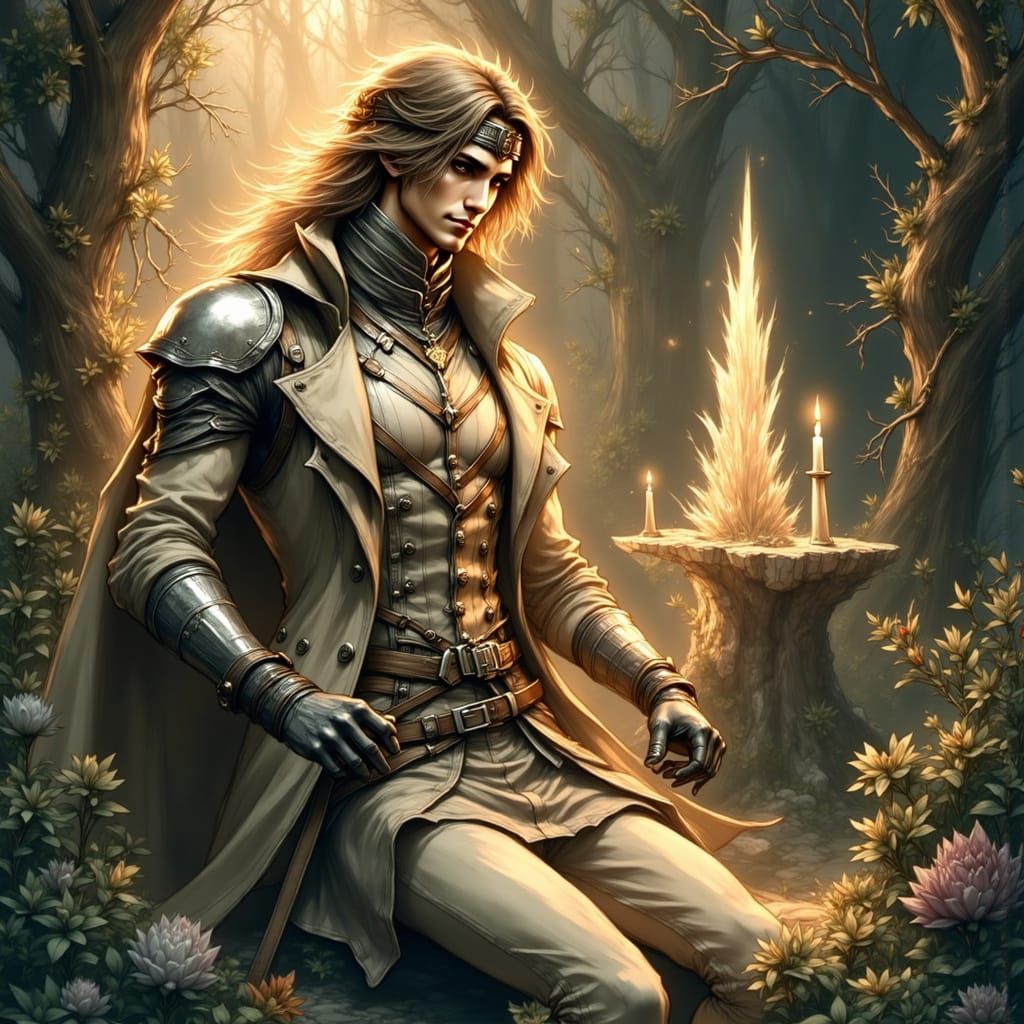 Celestial Knight in Shimmering Armor, Art Nouveau Style