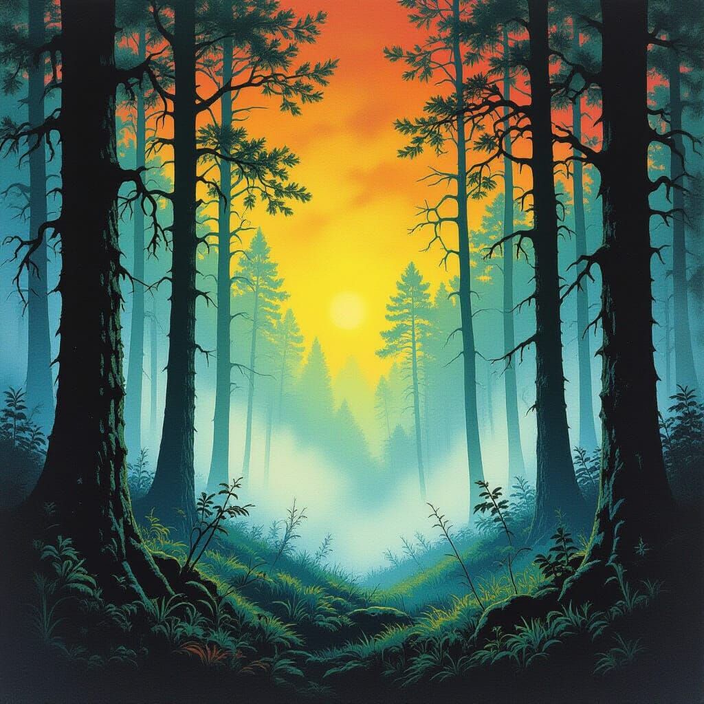 Foggy Forest in Dark Fantasy Lithograph Style