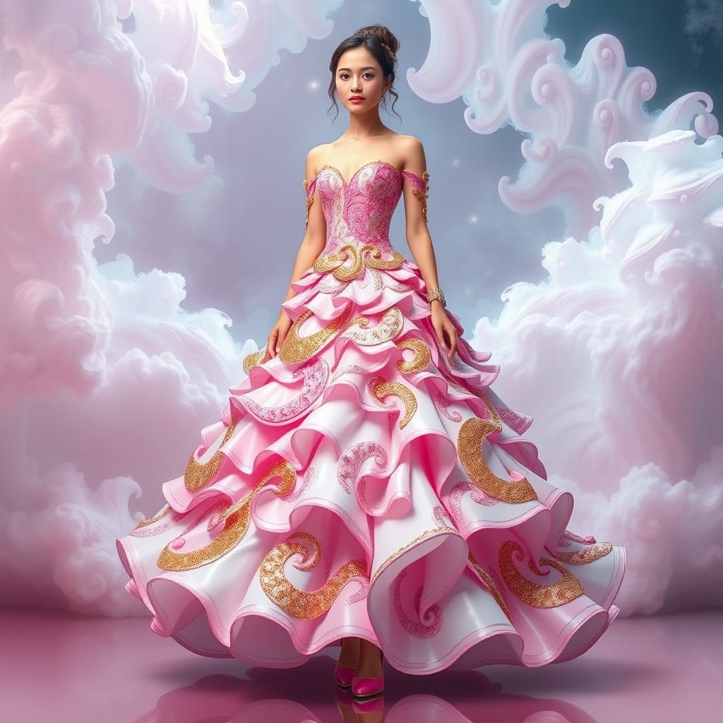 Woman in Pink Ball Gown with Fractal Details