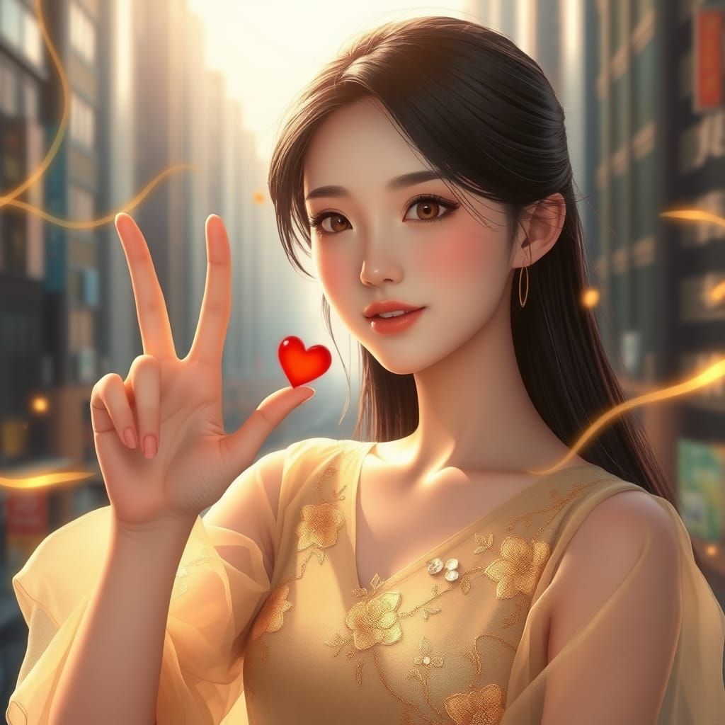 Beautiful Japanese Woman in Gold Dress with Finger Heart
