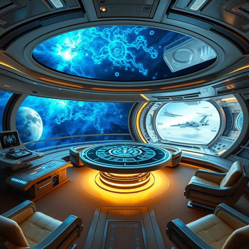 Luxurious Futuristic Starship Interior with Panoramic Nebula...