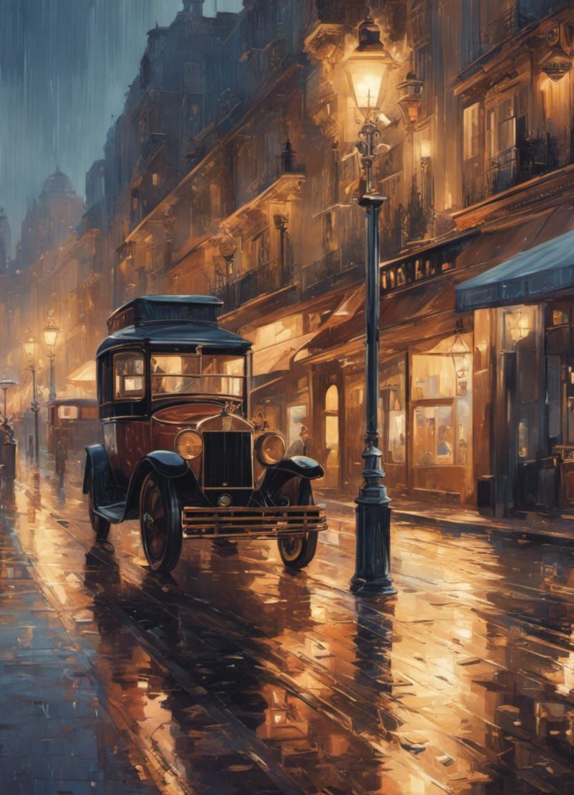 1920s Paris in Rain: Art Deco Travel Poster