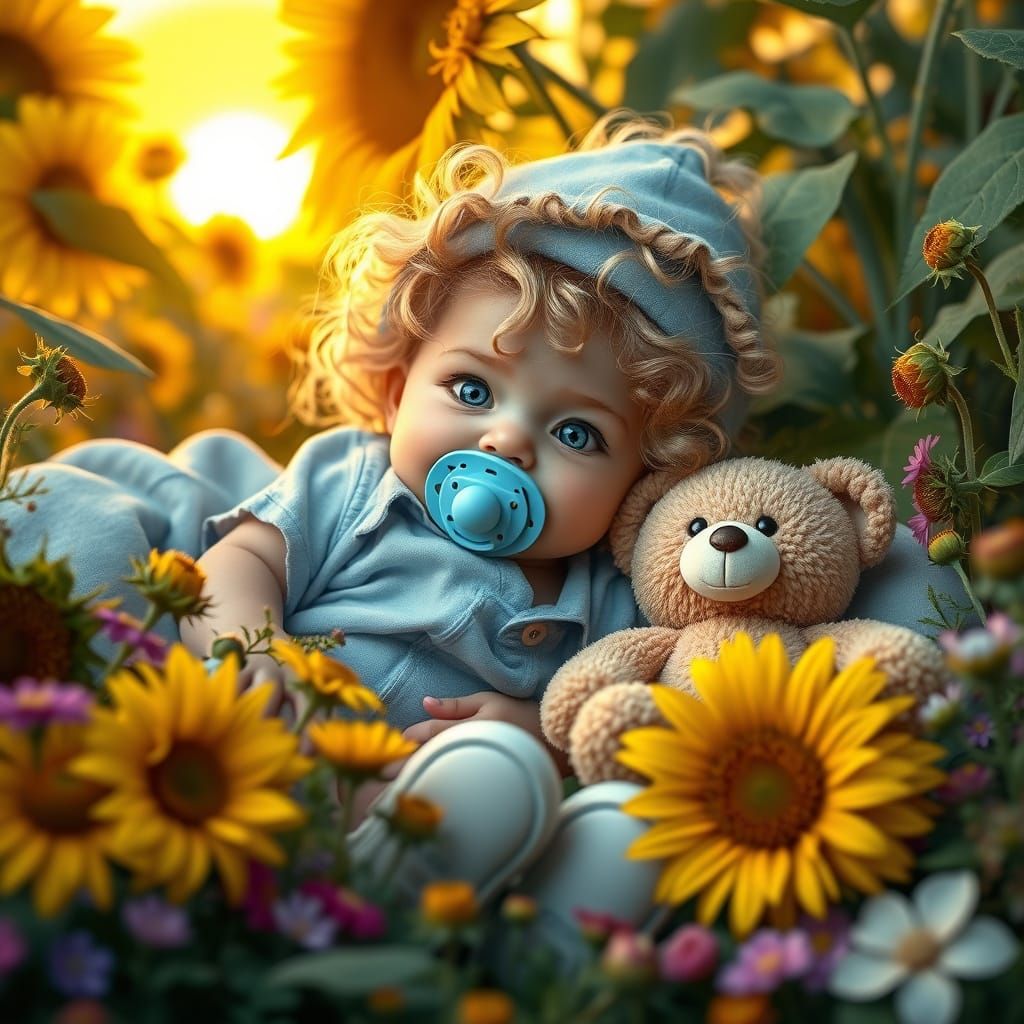 In this enchanting illustration, a delightful baby boy with adorable blond curly hair and blue eyes captivates the viewe...