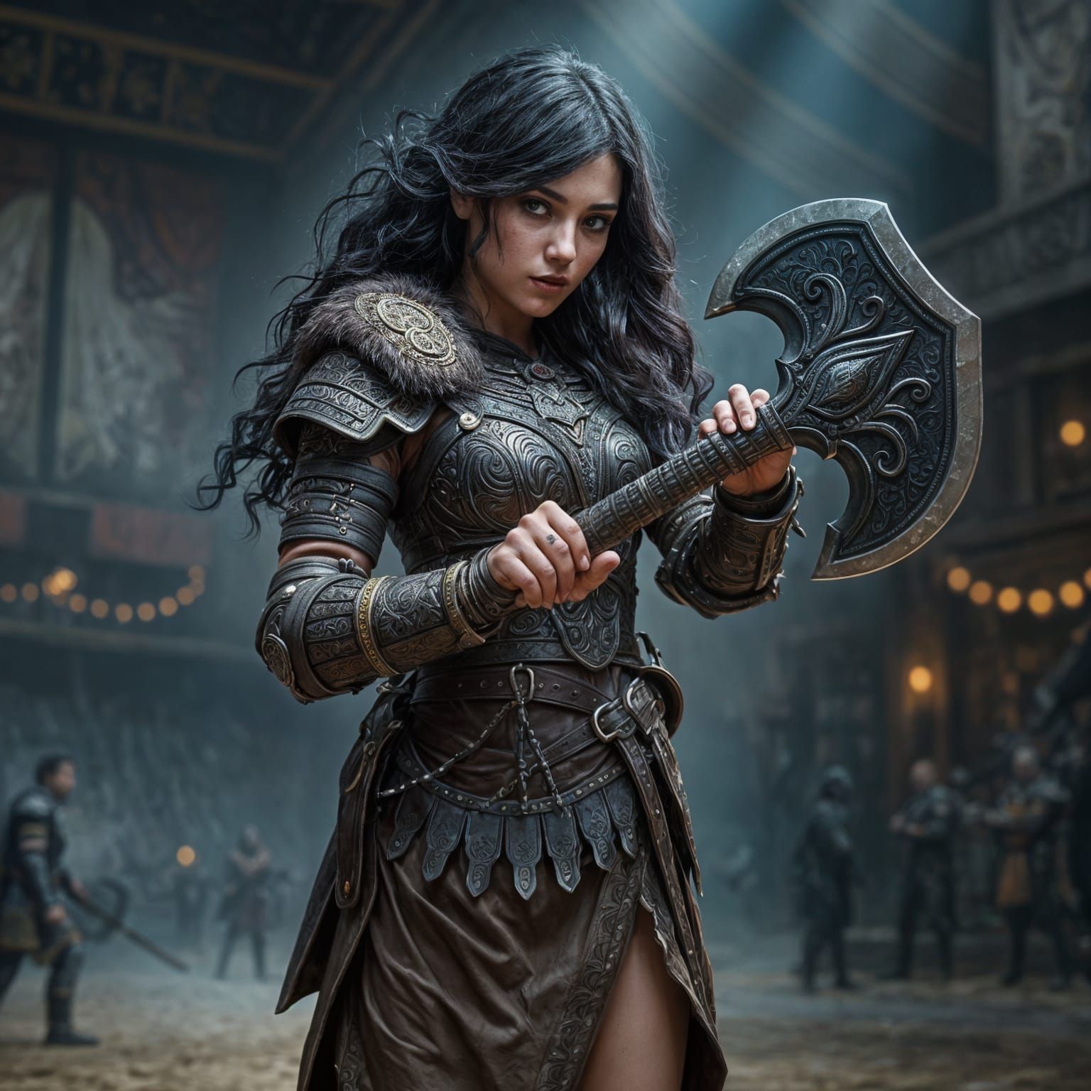 Female Warrior in Detailed Armor with War Axe