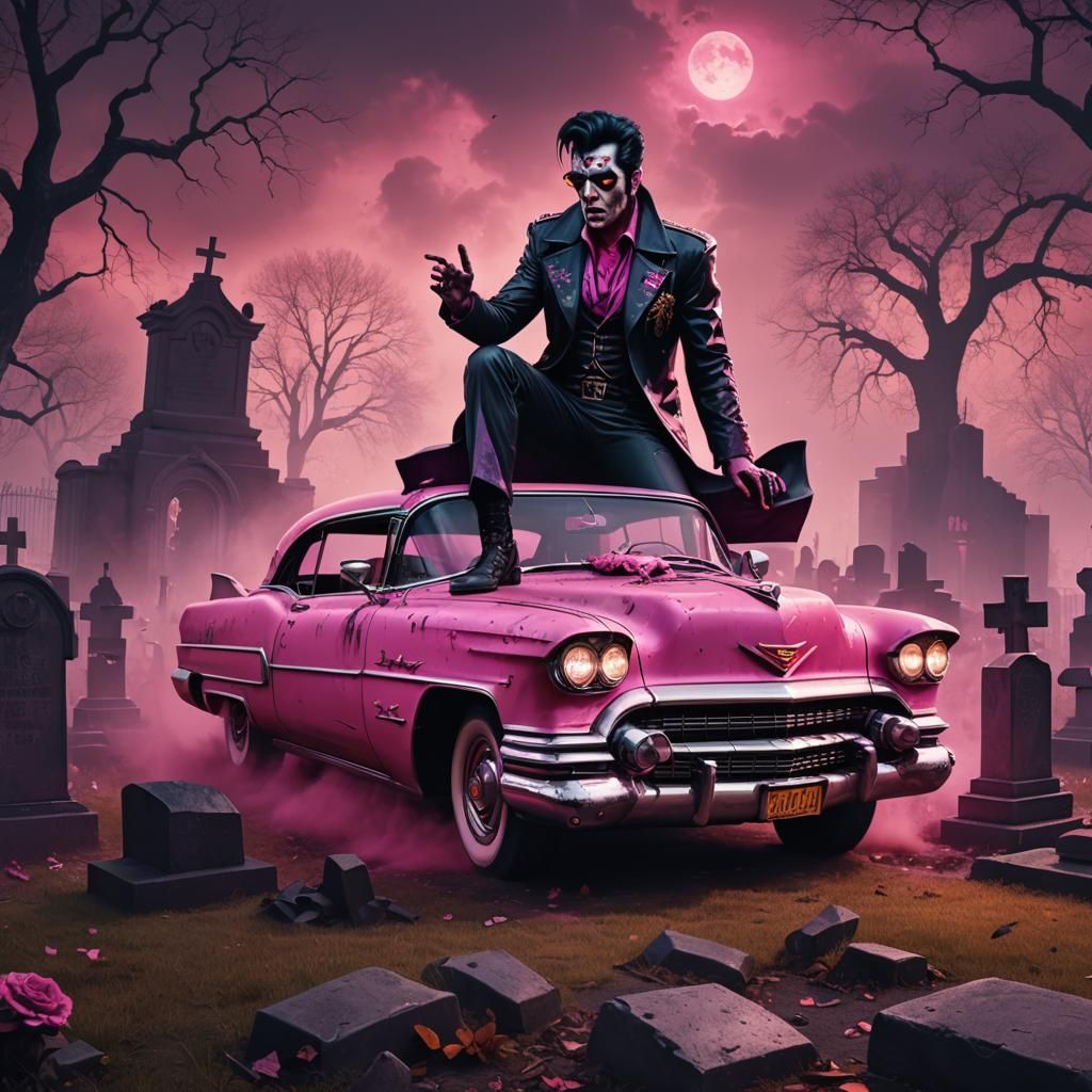 Zombie Elvis Rides Cadillac in Graveyard Concept Art