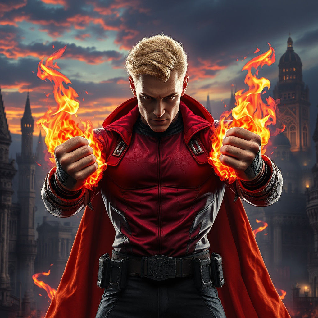 Fiery Superhero in Ancient Cityscape Concept Art