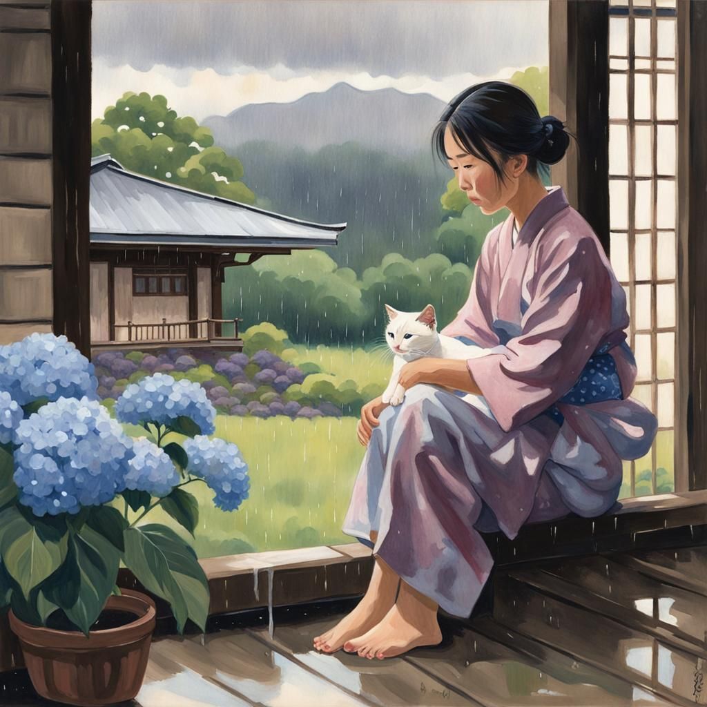 Rainy Day Gouache: Woman and Kitten in Japanese House