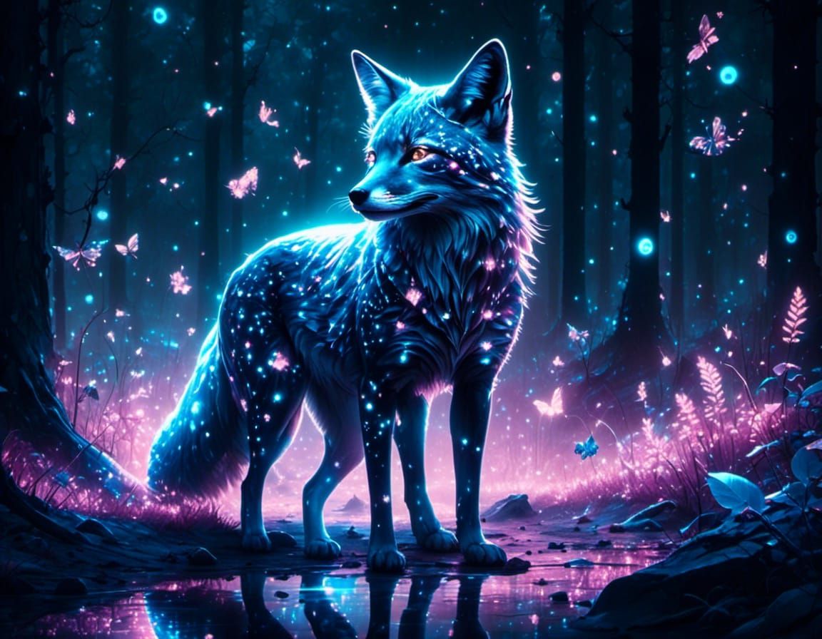 Neon Hologram Fox in Constellation Style