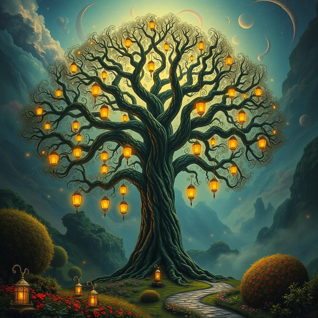 Surreal Tree of Life with Glowing Lanterns