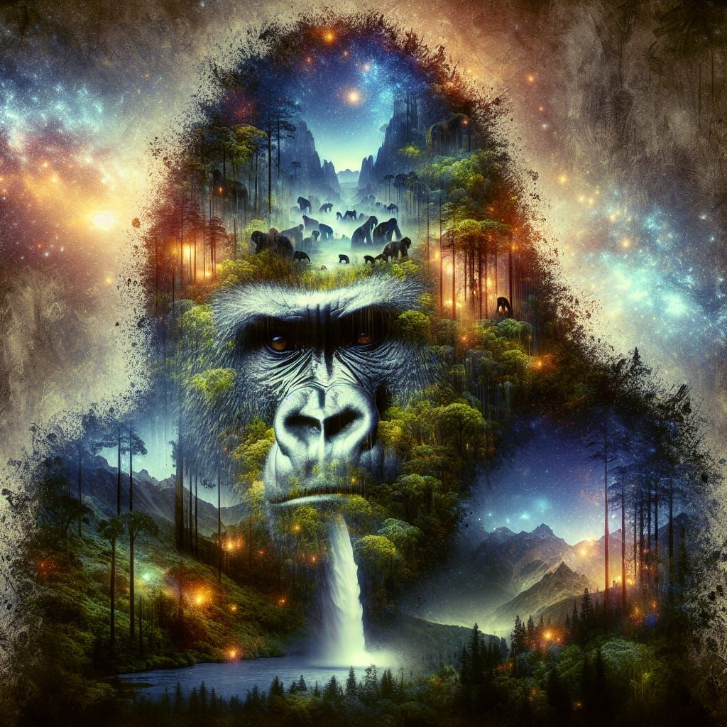 Surrealist Gorilla Shines with Vibrant Nature