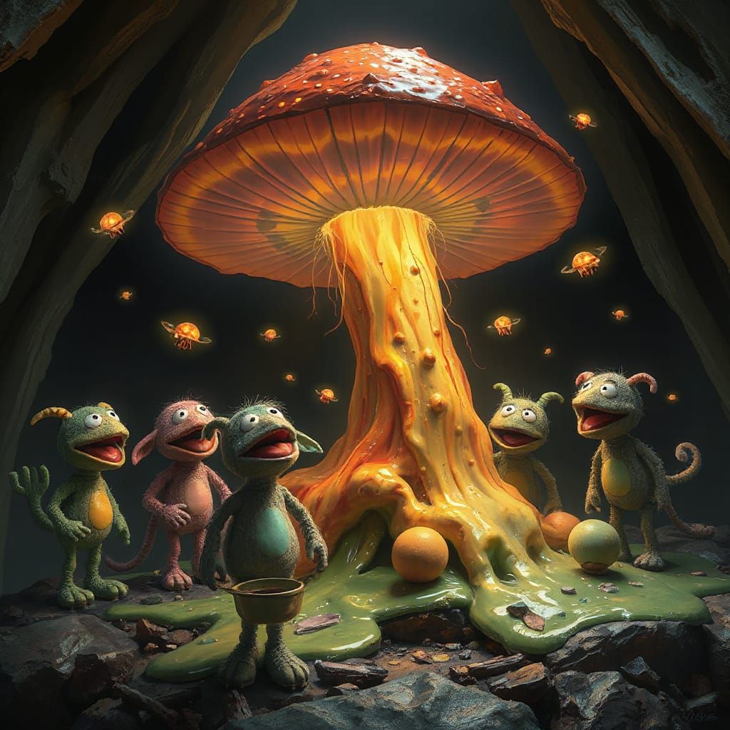 Muppet-Like Creatures Gather Around Pulsating Mushroom