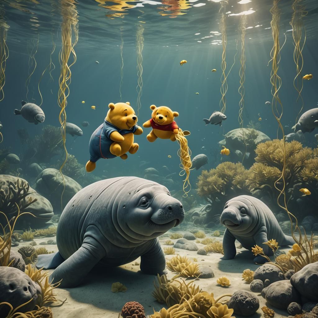 Manatees and Winnie the Pooh Share Spaghetti Underwater