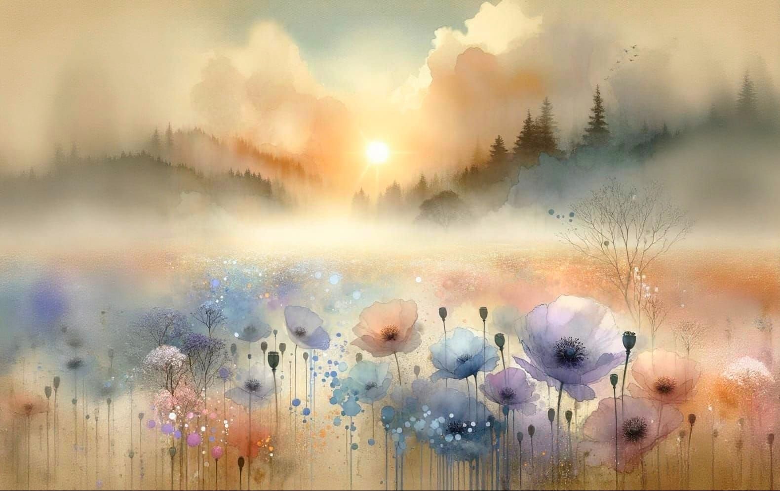 Ethereal Poppies in Hazy Sunrise Field