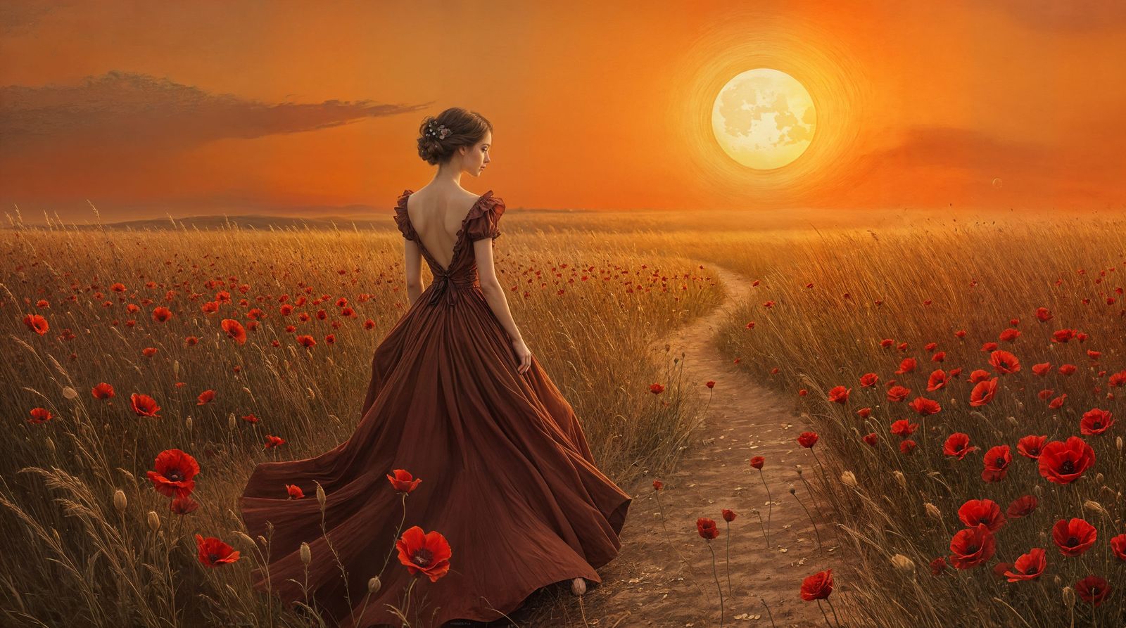 Ethereal Victorian Lady in Crimson Amidst Sunset Poppy Field