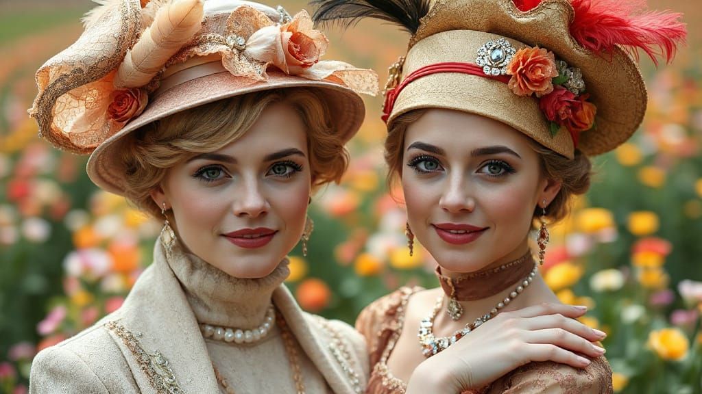 Ornate Filigree Hats on Belle Epoque Women in Flower Field
