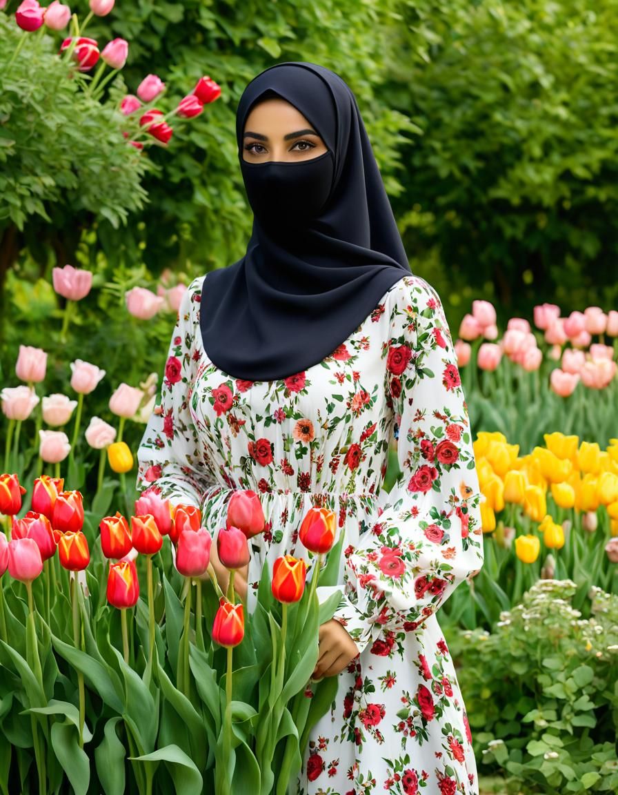 Niqabi Woman in Tulip Garden, Soft Portrait