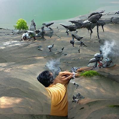 Indian Man Feeding Birds: Matte Painting