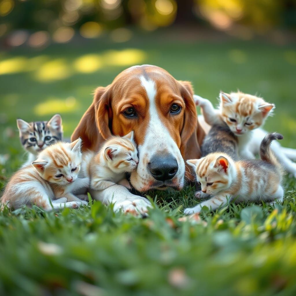 Basset Hound Serene with Playful Kittens