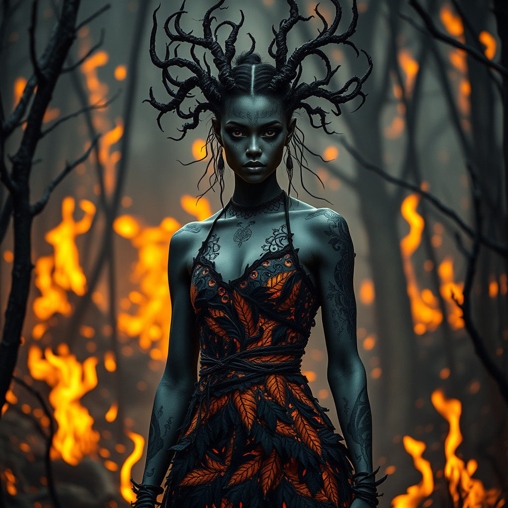 Dryad in Burning Forest: Hyperrealistic Fantasy Art