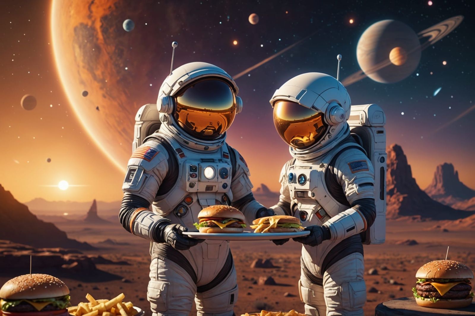 Astronaut Serves Burger to Alien in Sunset Landscape