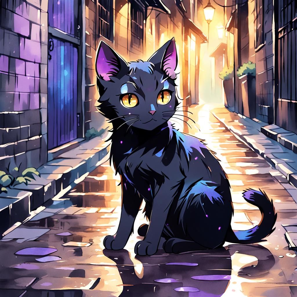 Black Cat in Alleyway: Watercolor Anime Visual