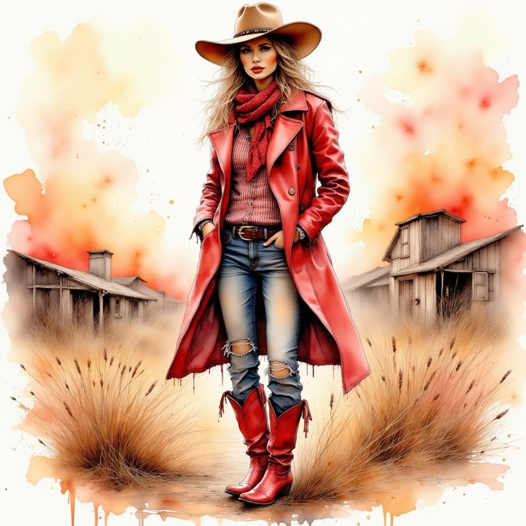 Woman in Red Cowboy Boots, Expressive Watercolor Painting