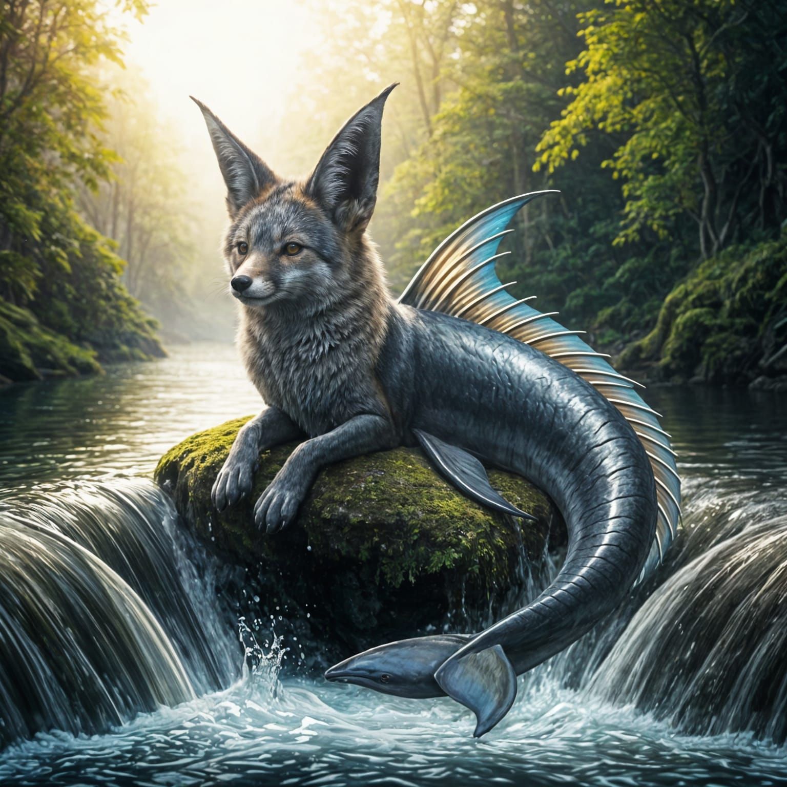 Fox-Dolphin Hybrid Creature Relaxing by Waterfall