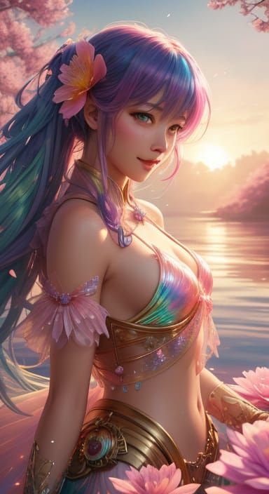 Cowboy shot. An anthropomorphic woman adorned in flowing.