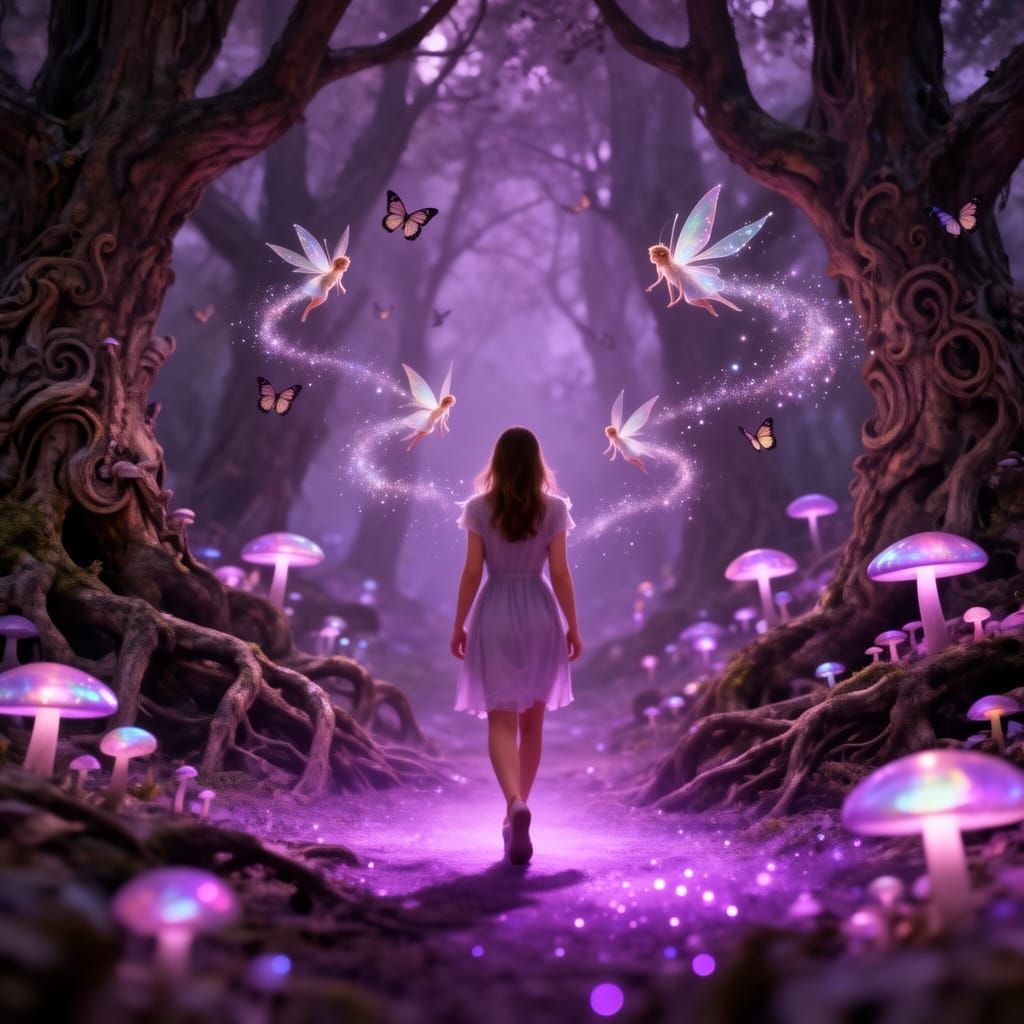 Woman in Lila Forest Wonderland with Glowing Mushrooms and F...