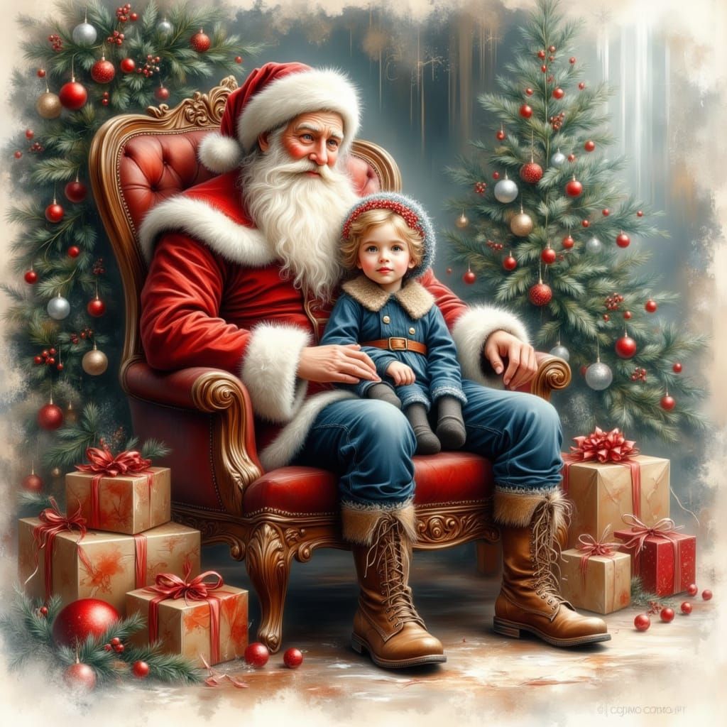 Santa Claus with Child by Christmas Tree, Vintage Oil Painti...