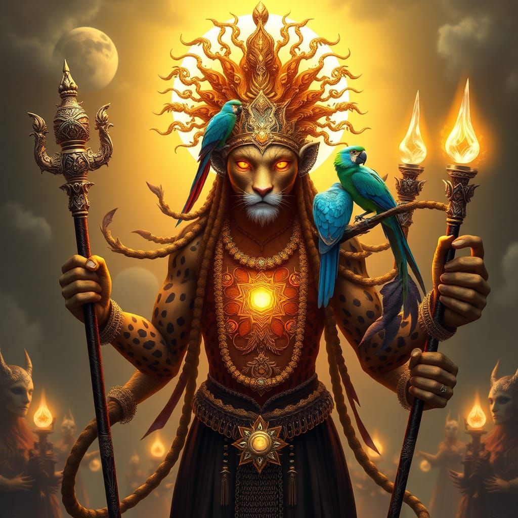 Leopard Shaman with Parrot: A Digital Art Masterpiece