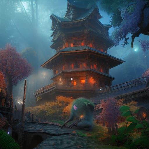 Tanuki in Church: Detailed Matte Painting