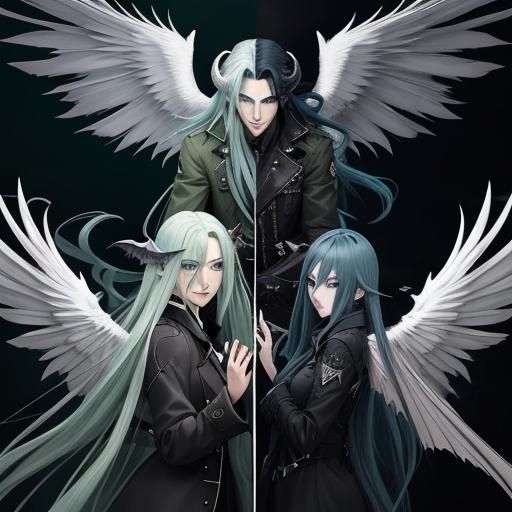 Anime Style Young Man with Angel and Demon Wings