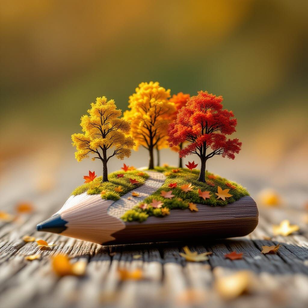 Miniature Autumn Forest Grows on Graphite Pencil